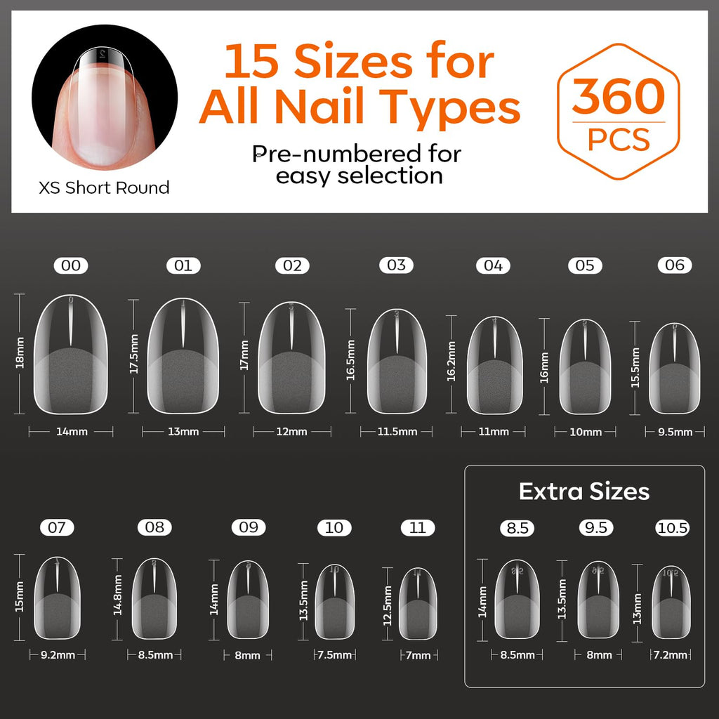 Modelones 360pcs Short Almond Nail Tips with 15 sizes; pre-numbered for easy selection and perfect for all nail types.