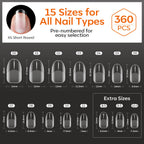 Modelones 360pcs Short Almond Nail Tips with 15 sizes; pre-numbered for easy selection and perfect for all nail types.