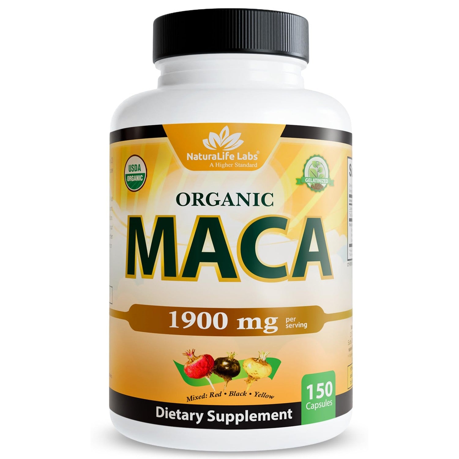 NaturaLife Labs Organic Maca Root – Black, Red & Yellow – 1900 mg per Serving – 150 Capsules – Gelatinized Peruvian Maca – Non-GMO, Gluten-Free, Vegan (2 Pack)