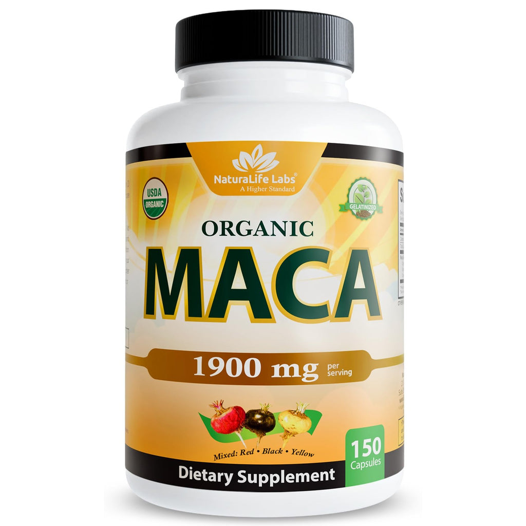 NaturaLife Labs Organic Maca Root – Black, Red & Yellow – 1900 mg per Serving – 150 Capsules – Gelatinized Peruvian Maca – Non-GMO, Gluten-Free, Vegan (2 Pack)
