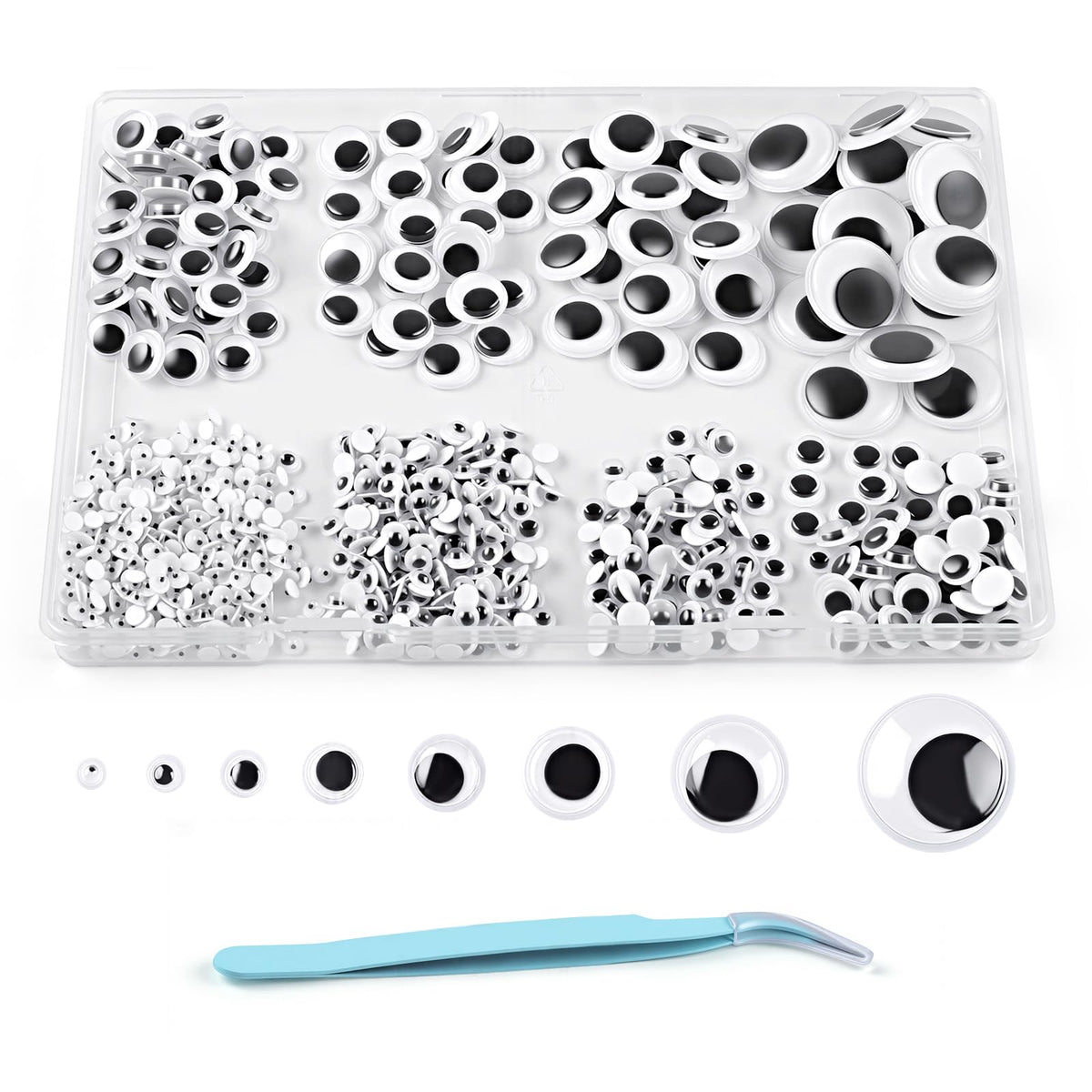 Phinus 1400PCS Googly Eyes, 8 Different Size Self-Adhesive Googly Eyes for Crafts, 4mm, 5mm, 6mm, 8mm, 10mm, 12mm, 15mm, 20mm Black Wiggle Sticky Googly Eyes with Tweezers