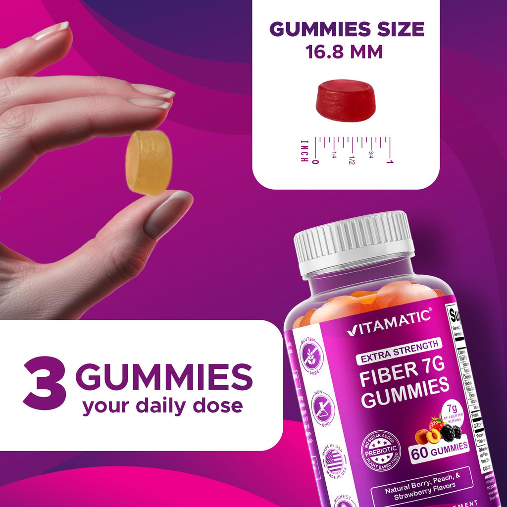 Vitamatic Prebiotic Fiber Gummies for Adults – 7g Fiber per Serving – 60 Pectin-Based Gummies Extra Strength, Zero Sugar Added – Supports Digestive Health & Regularity – Non-GMO, Vegan, Gluten-Free
