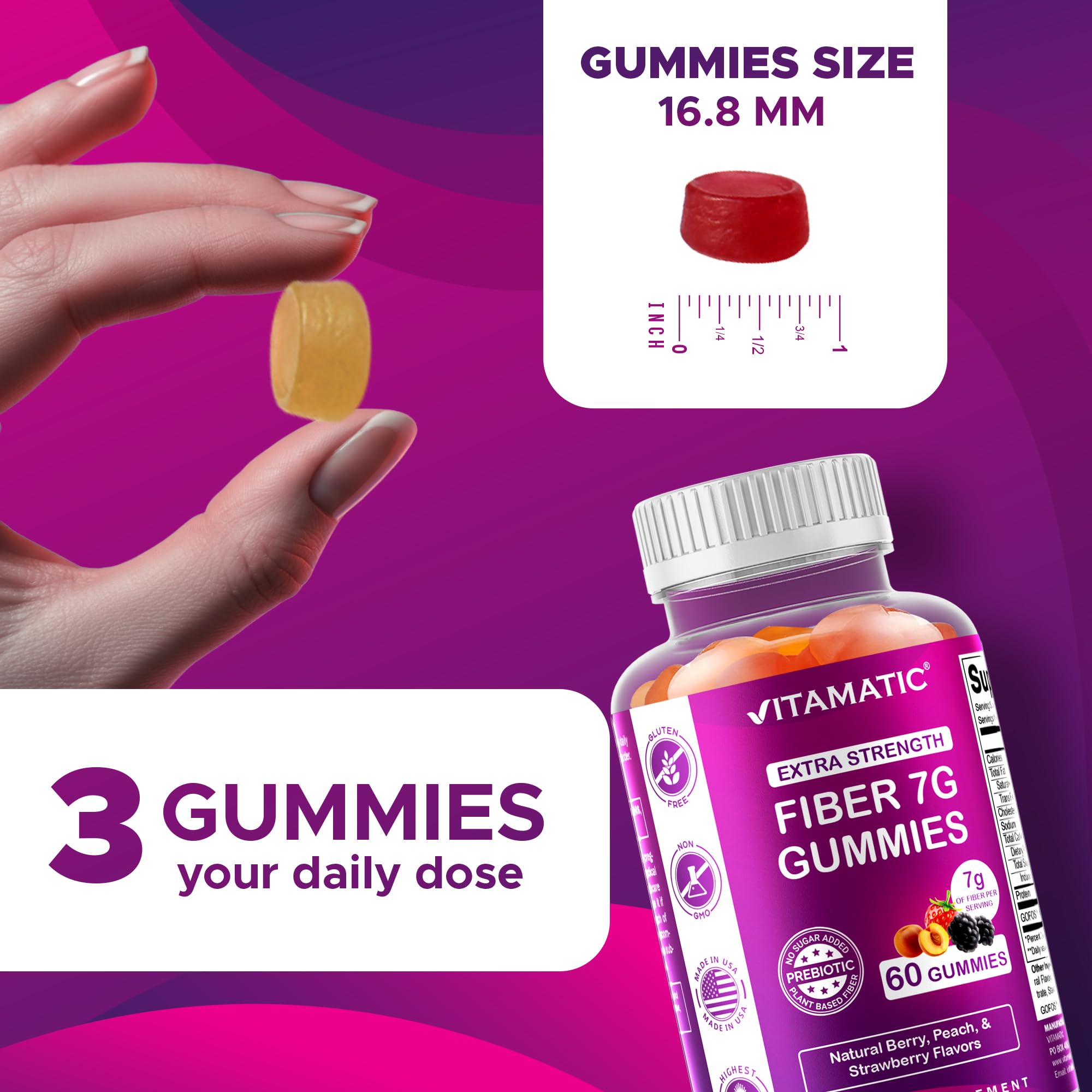Vitamatic Prebiotic Fiber Gummies for Adults – 7g Fiber per Serving – 60 Pectin-Based Gummies Extra Strength, Zero Sugar Added – Supports Digestive Health & Regularity – Non-GMO, Vegan, Gluten-Free