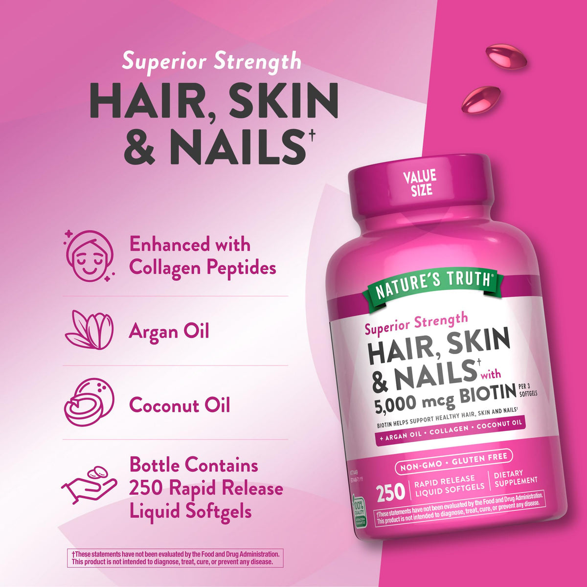 Nature's Truth Hair, Skin & Nails Vitamins | 5000mcg | 250 Softgels