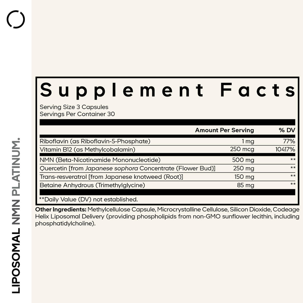 Codeage Liposomal NMN, 500mg, NAD+ Precursor, Quercetin, NSF, 90 Capsules