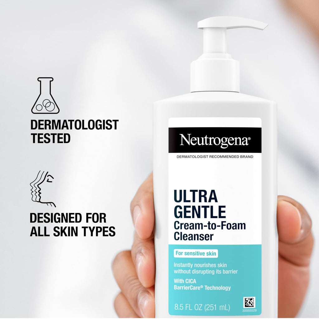 Buy now Neutrogena Ultra Gentle Cream to Foaming Face Wash for Sensitive Skin, Fragrance-Free Gentle Facial Cleanser, Hypoallergenic Skin Care, Non-Comedogenic Makeup Remover, 8.5 oz at indiglob india