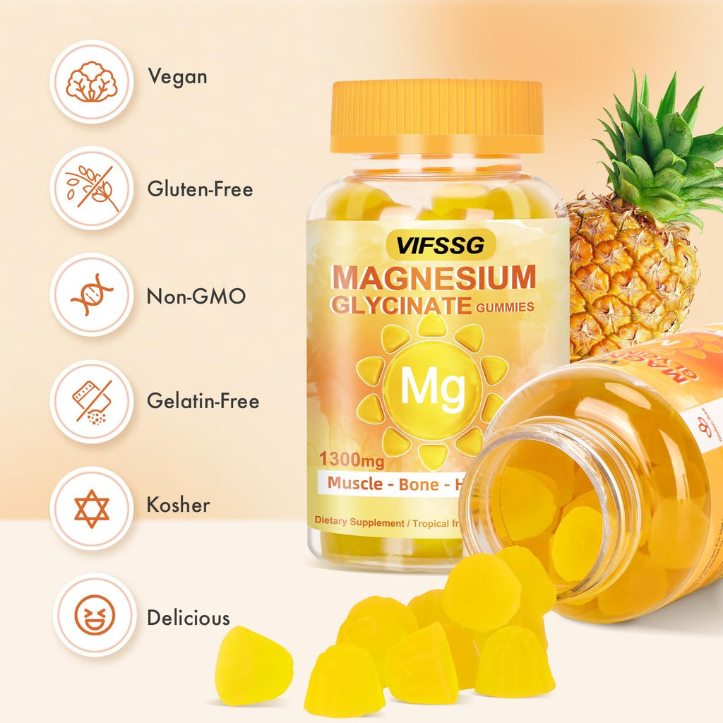 VIFSSG Magnesium Glycinate Gummies 500 Mg, Triple Magnesium Complex Sugar-Free Gummies with Malate 400 Mg, Citrate 400 Mg, Magnesium Supplement Chewable for Women & Men Vegan, Organic 60 Count