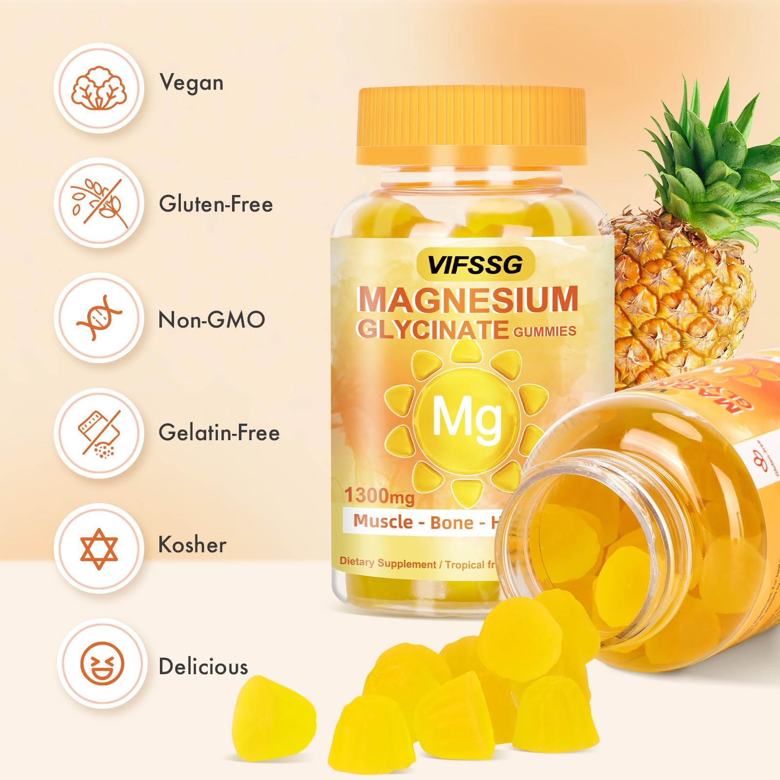 VIFSSG Magnesium Glycinate Gummies 500 Mg, Triple Magnesium Complex Sugar-Free Gummies with Malate 400 Mg, Citrate 400 Mg, Magnesium Supplement Chewable for Women & Men Vegan, Organic 60 Count