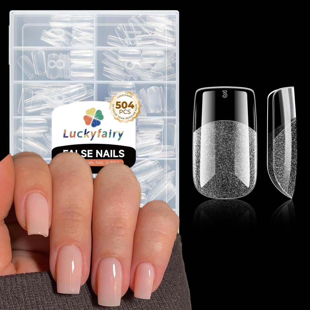 Luckyfairy Extra Short Almond Nail Tips 504pcs Soft Gel Short Nails 12 Size | Pre-Shaped Clear Press On Almond Nails, Half Matte Full Cover Short Nail Tips Acrylic, Natural Almond Shape, Nail Art DIY