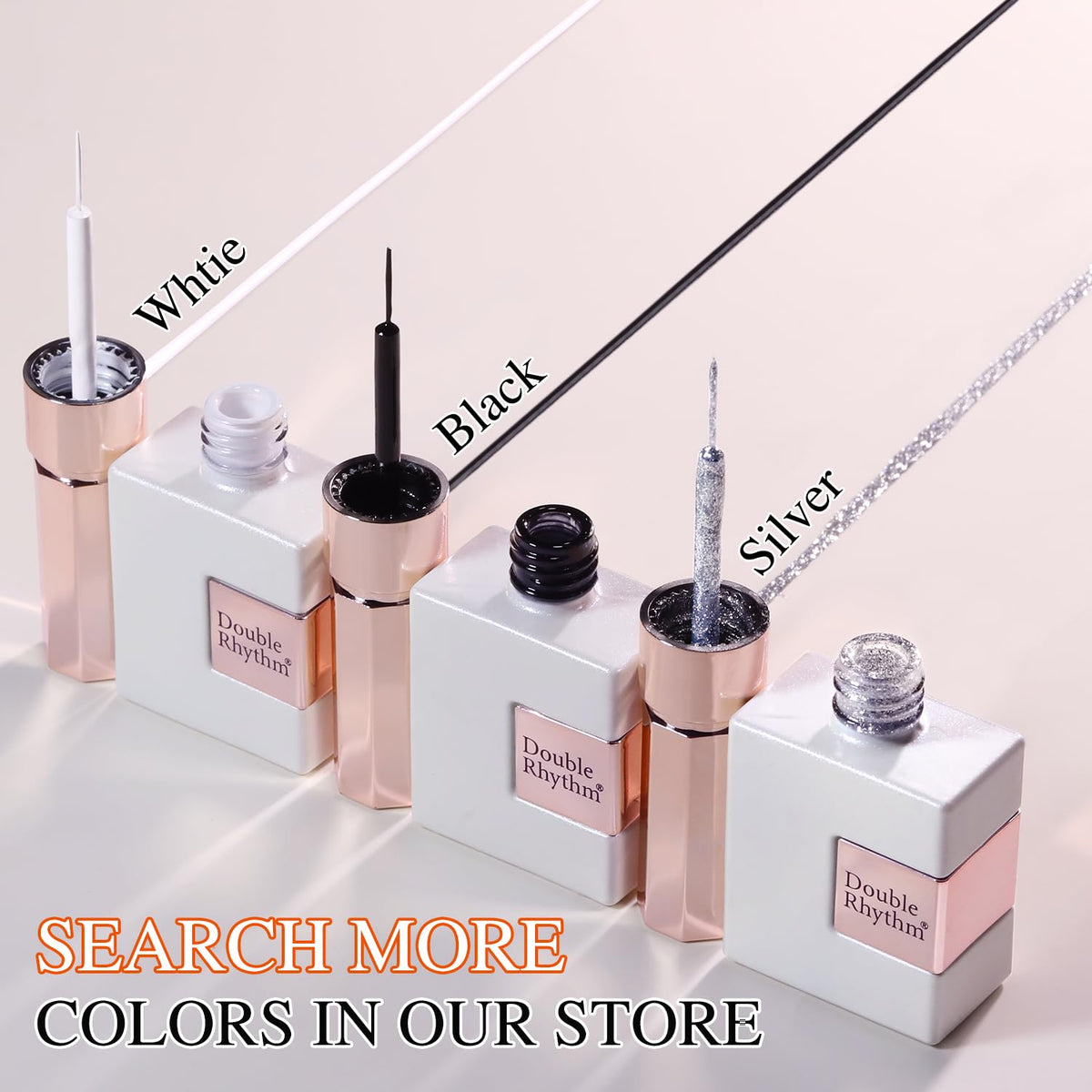 Explore 100% Genuine Double Rhythm Metallic Gel Liners in White, Black, and Silver. Ideal for stunning eye makeup looks.