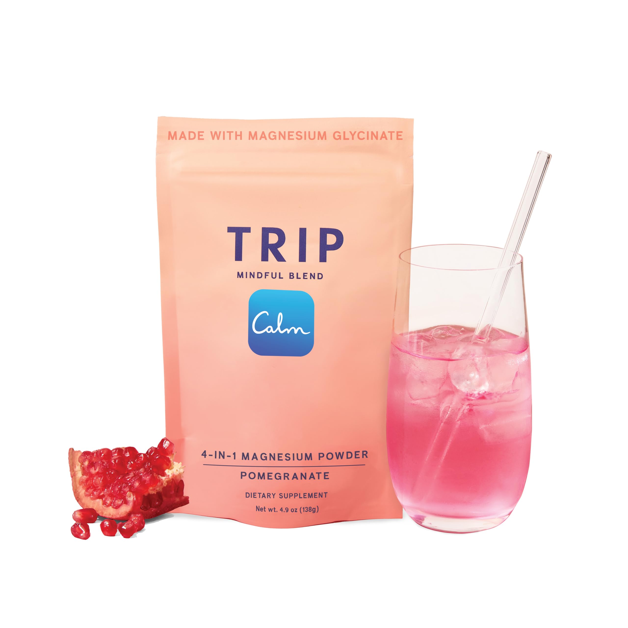 TRIP Calm Magnesium Glycinate Powder, Relaxation Drink Mix Pomegranate 30ct