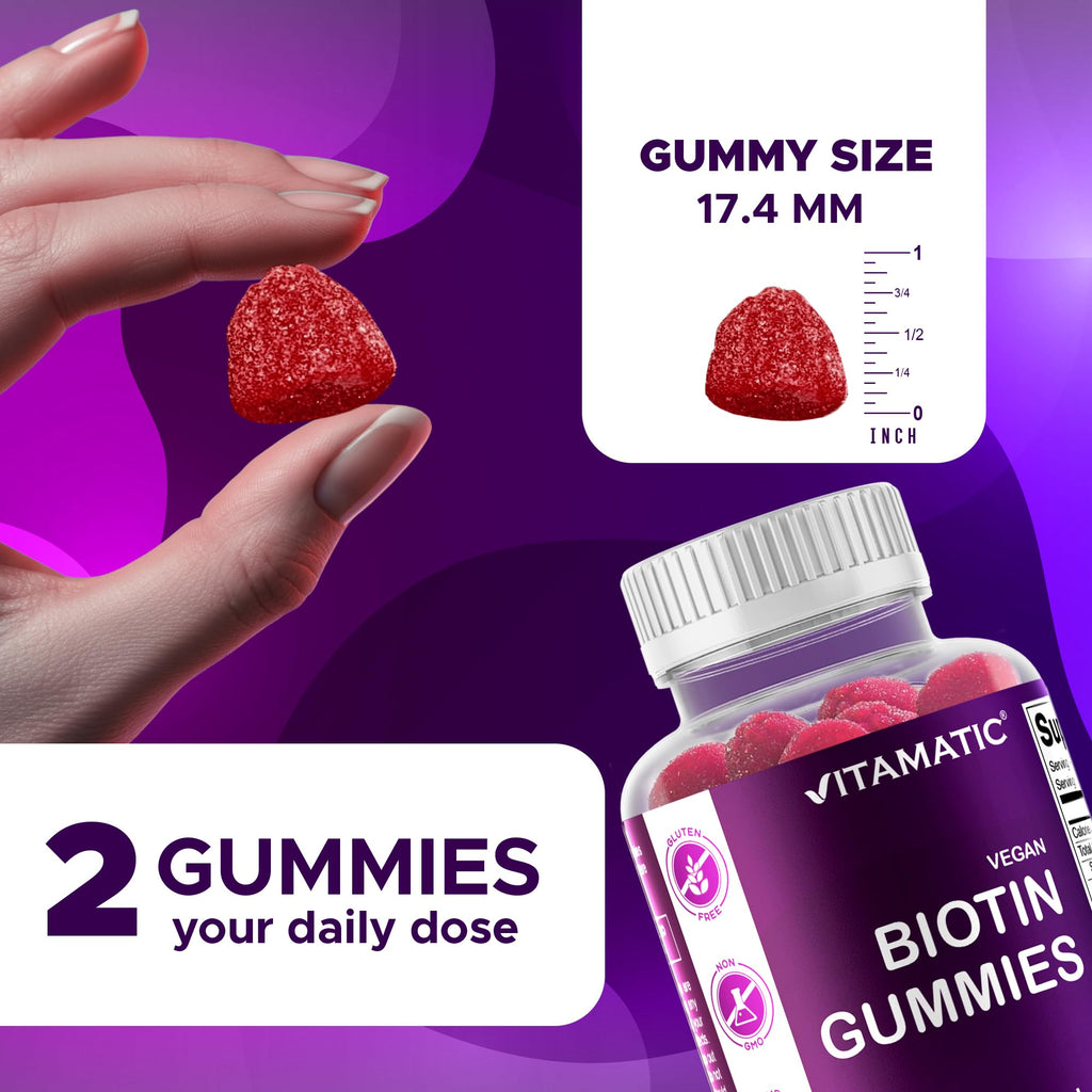 Vitamatic Biotin 10,000 mcg, 60 Vegan Gummies, Raspberry Flavor-2 Pack | 10000 mcg Per Serving, Natural Raspberry Flavor, Pectin Based, Non-GMO, Gluten Free, GMP Certified