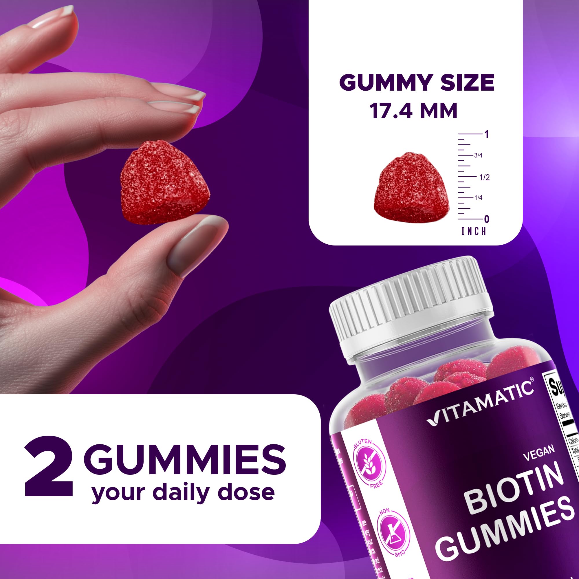 Vitamatic Biotin 10,000 mcg, 60 Vegan Gummies, Raspberry Flavor-2 Pack | 10000 mcg Per Serving, Natural Raspberry Flavor, Pectin Based, Non-GMO, Gluten Free, GMP Certified