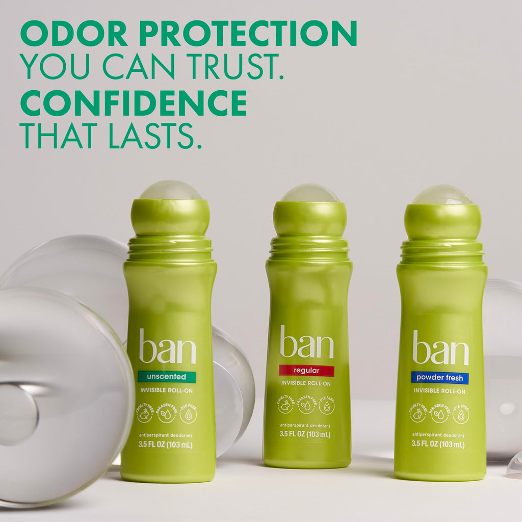 Ban Invisible Roll-on Antiperspirant Deodorant for Women and Men, 24-hour Underarm Odor & Sweat Protection, Unscented, 3.5 Oz, Pack of 12