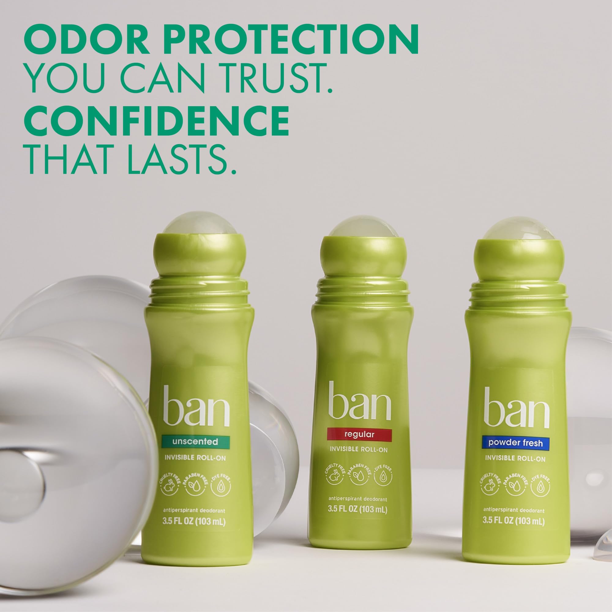 Ban Invisible Roll-on Antiperspirant Deodorant for Women and Men, 24-hour Underarm Odor & Sweat Protection, Unscented, 3.5 Oz, Pack of 12