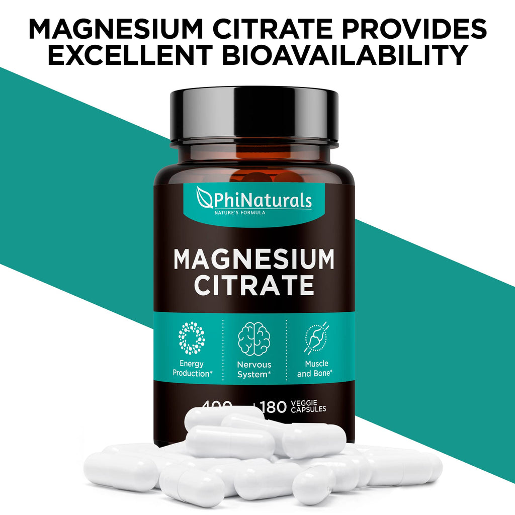 Magnesium Citrate Powder Capsules 400mg - 180 Count Veg Caps - PhiNaturals | Nervous system & Muscle Support · 400 mg High-absorption Mag Citrate Pills · Non-GMO Vegan Capsules - Citrato de Magnesio