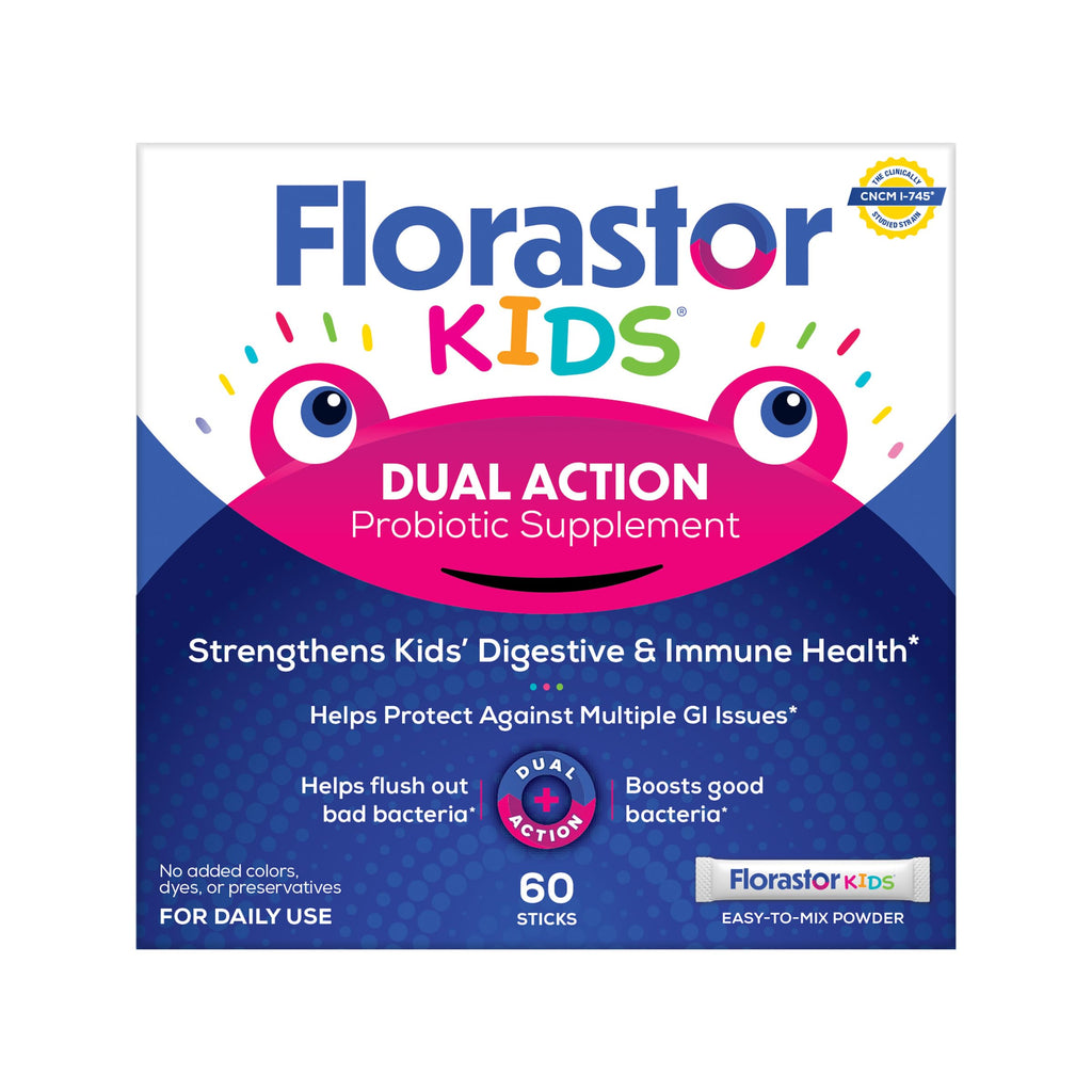 Florastor Kids Dual Action Probiotic Supplement, Strengthens Kids' Digestive & Immune Health, 60 Easy-to Mix Powder Sticks
