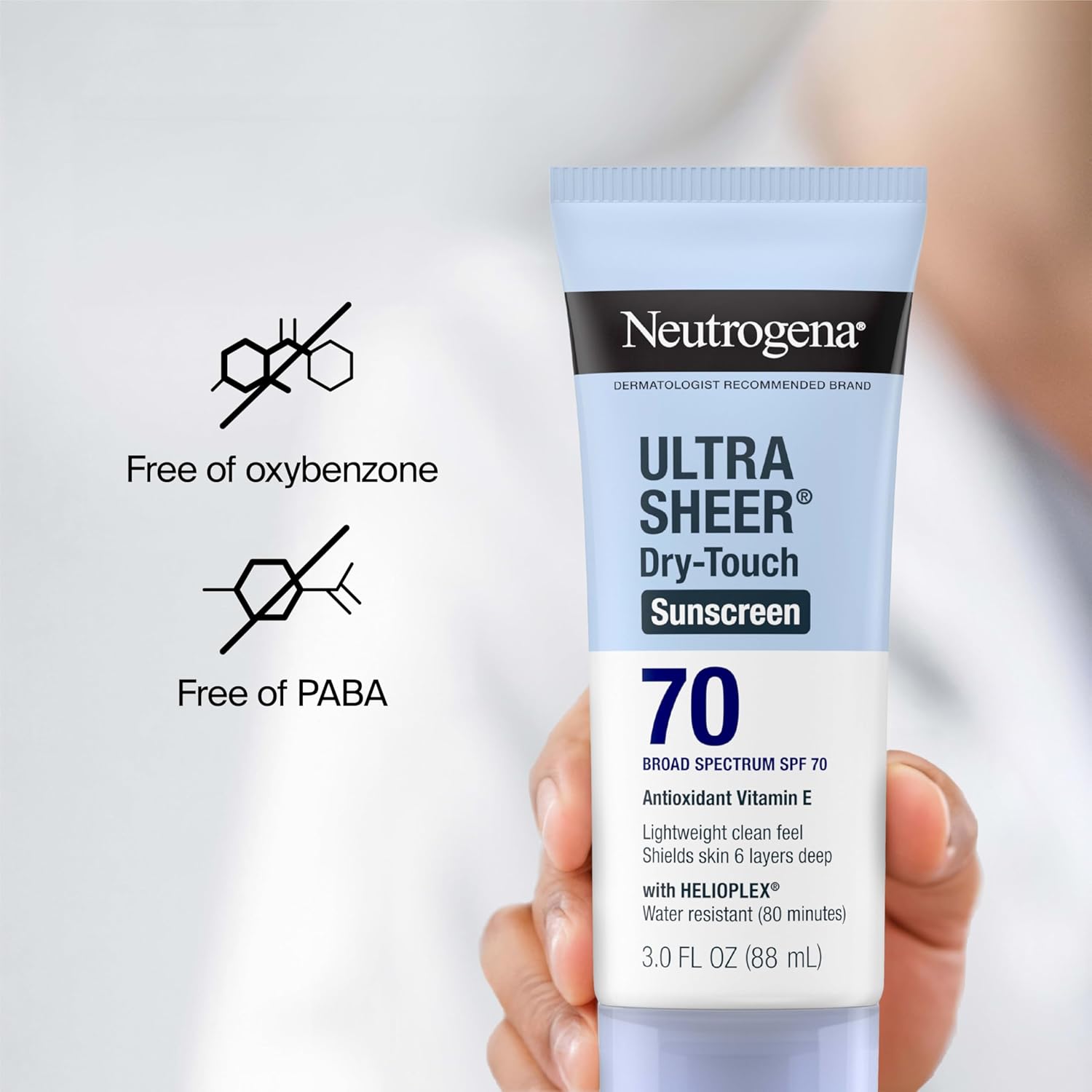 Buy now Neutrogena Ultra Sheer Dry-Touch Sunscreen Lotion SPF 70, Broad Spectrum, Water Resistant 80 Min, Oil-Free, Oxybenzone-Free, Non-Comedogenic, Matte Finish, Body Sunscreen, Travel Size 3 Fl Oz at indiglob india