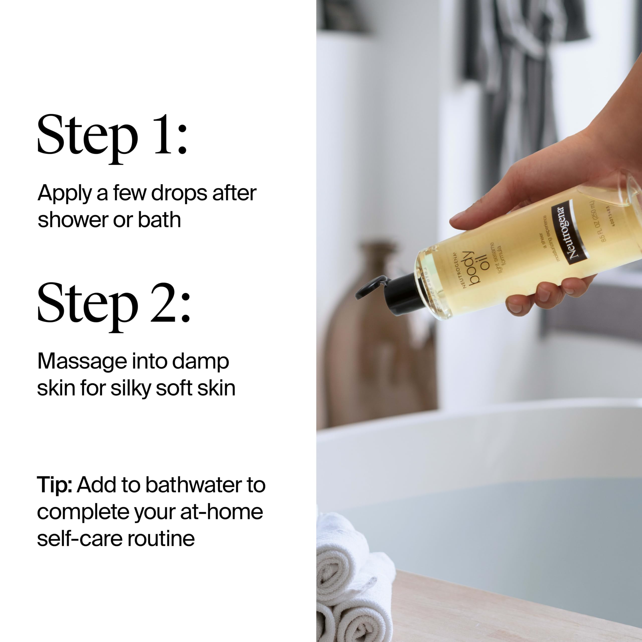 Neutrogena Body Oil Light Sesame Formula, 16 fl. oz | Nourishing Moisturizer, for Before- and After-Shower Application, Lightweight, Non-Greasy Feel