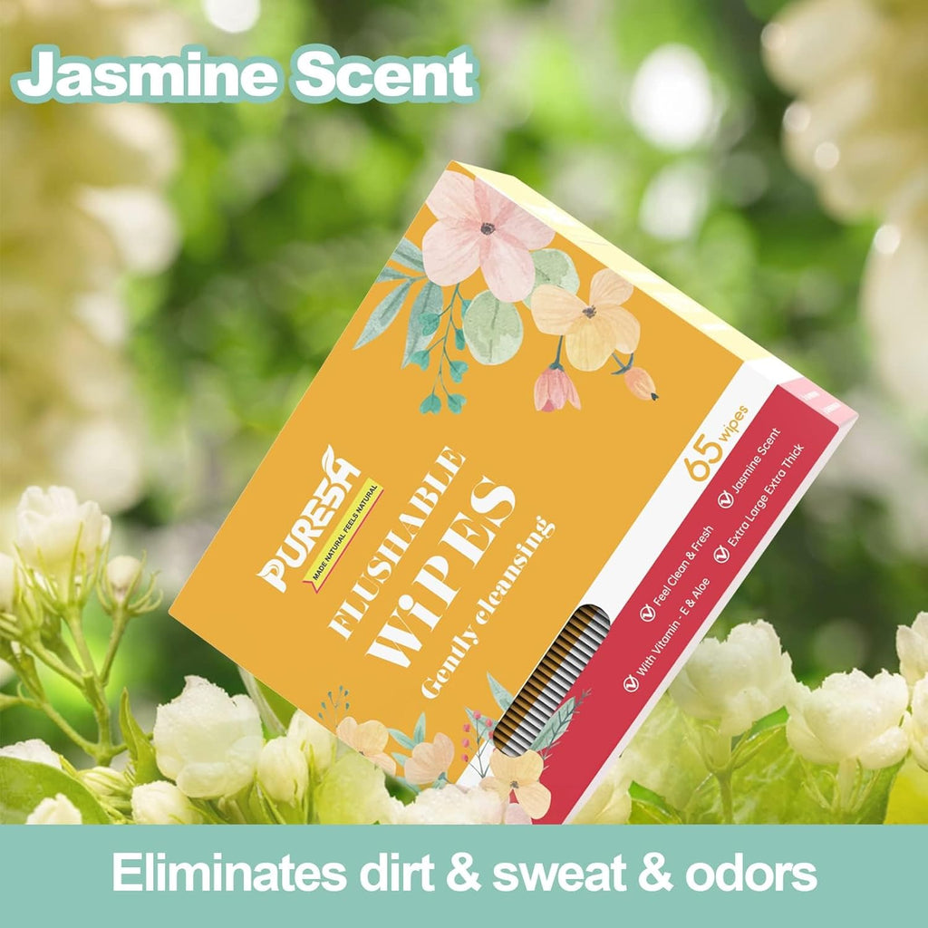 Buy now Flushable Butt Wipes Individually Wrapped Feminine Wipes for Women & Adults with Jasmine Scent, Vitamin-E & Aloe for at-Home Use (65 Count, pack of 3) at indiglob india