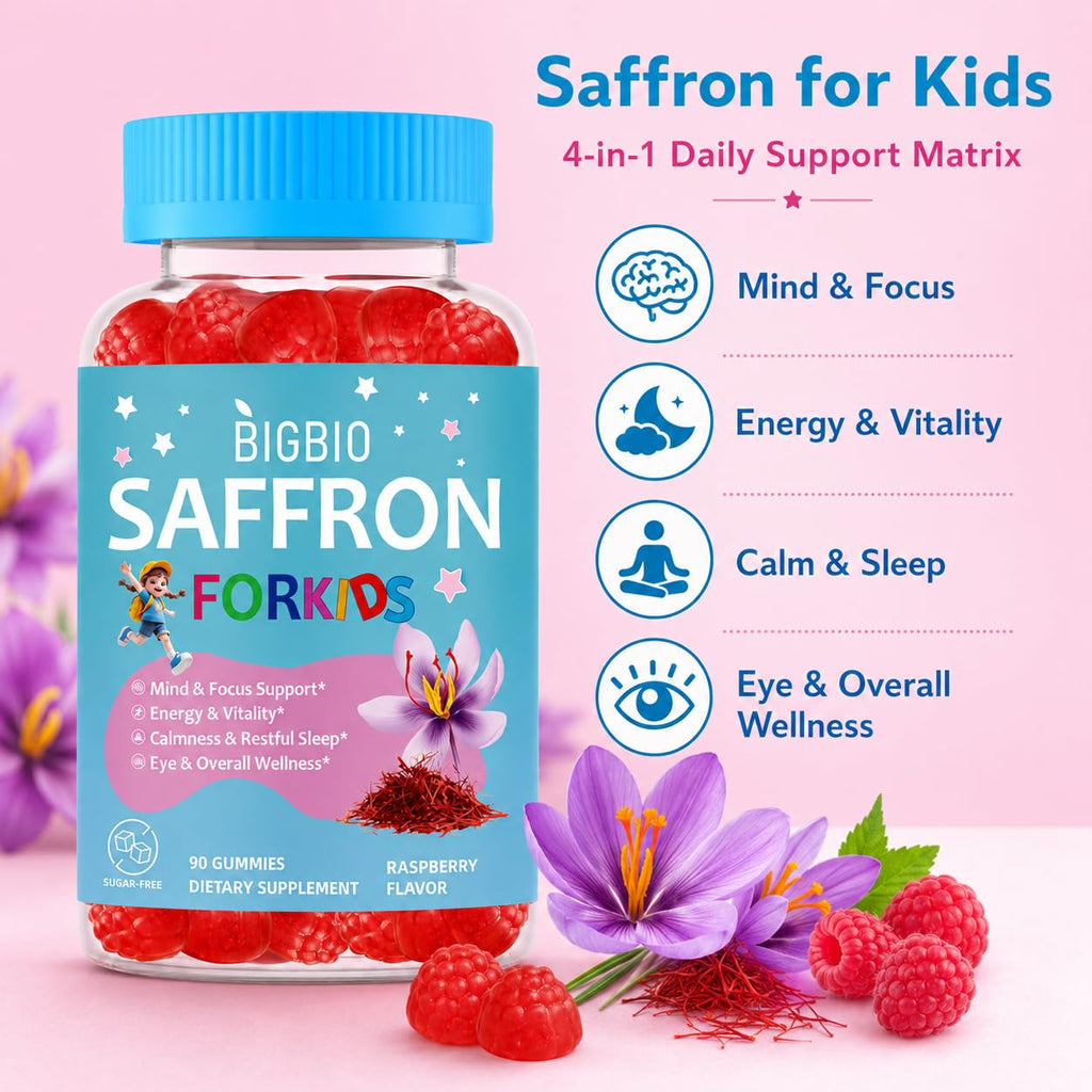 Saffron for Kids, Happy Mood Gummies, Magnesium Glycinate, Omega-3, Holy Basil, L-Theanine, Rosemary, B6, D3 for Calm, Focus, Cognition, Sleep, Sugar Free Saffron Extract Supplement, 90 Gummies