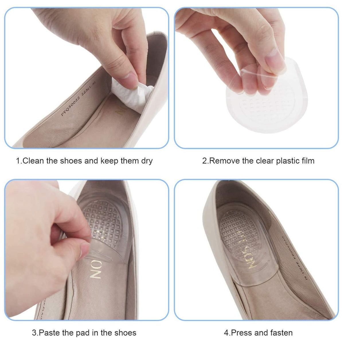 LOVE MEI Silicone Gel Heel Cups - Shoe Inserts for Plantar Fasciitis, Sore Heel Pain, Bone Spur & Achilles Pain - Pad and Shock Absorbing Support for Women (2 Pairs/4Pcs)