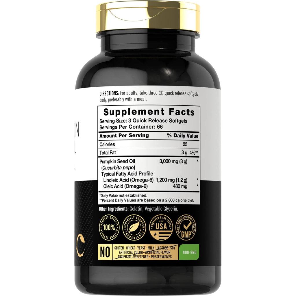 Carlyle Pumpkin Seed Oil Capsules | 3000mg | 200 Softgels | Essential Fatty Acids | Cold Pressed Dietary Supplement | Non-GMO and Gluten Free Formula