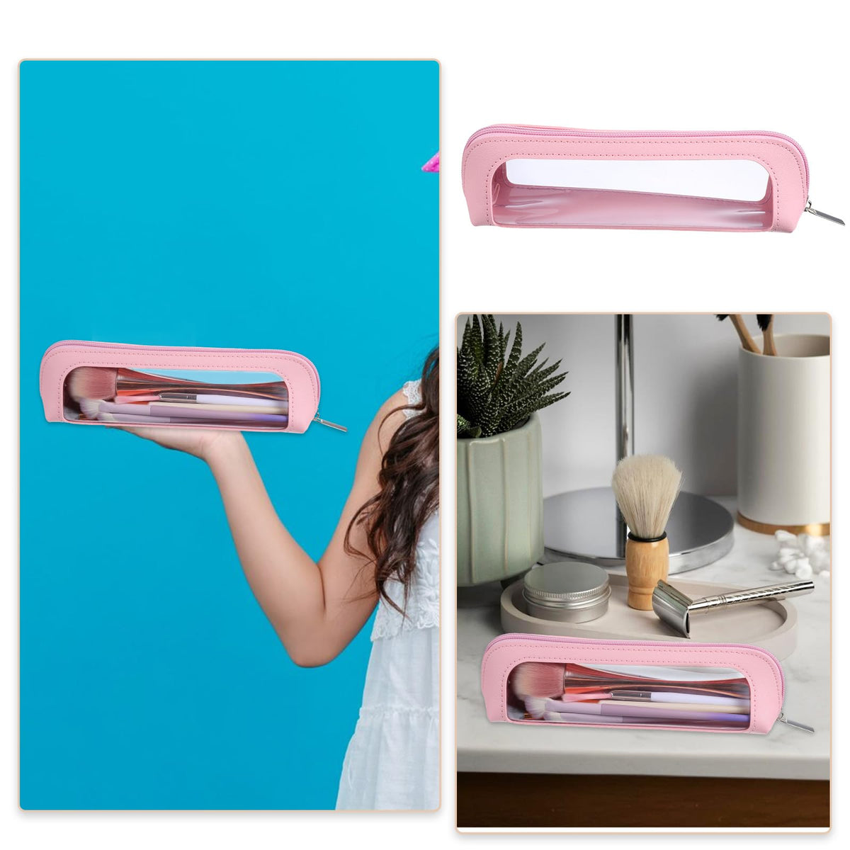 Psyqtsuary small clear makeup bag in pink, perfect for organizing cosmetics. Verified by CuratCart for quality assurance.