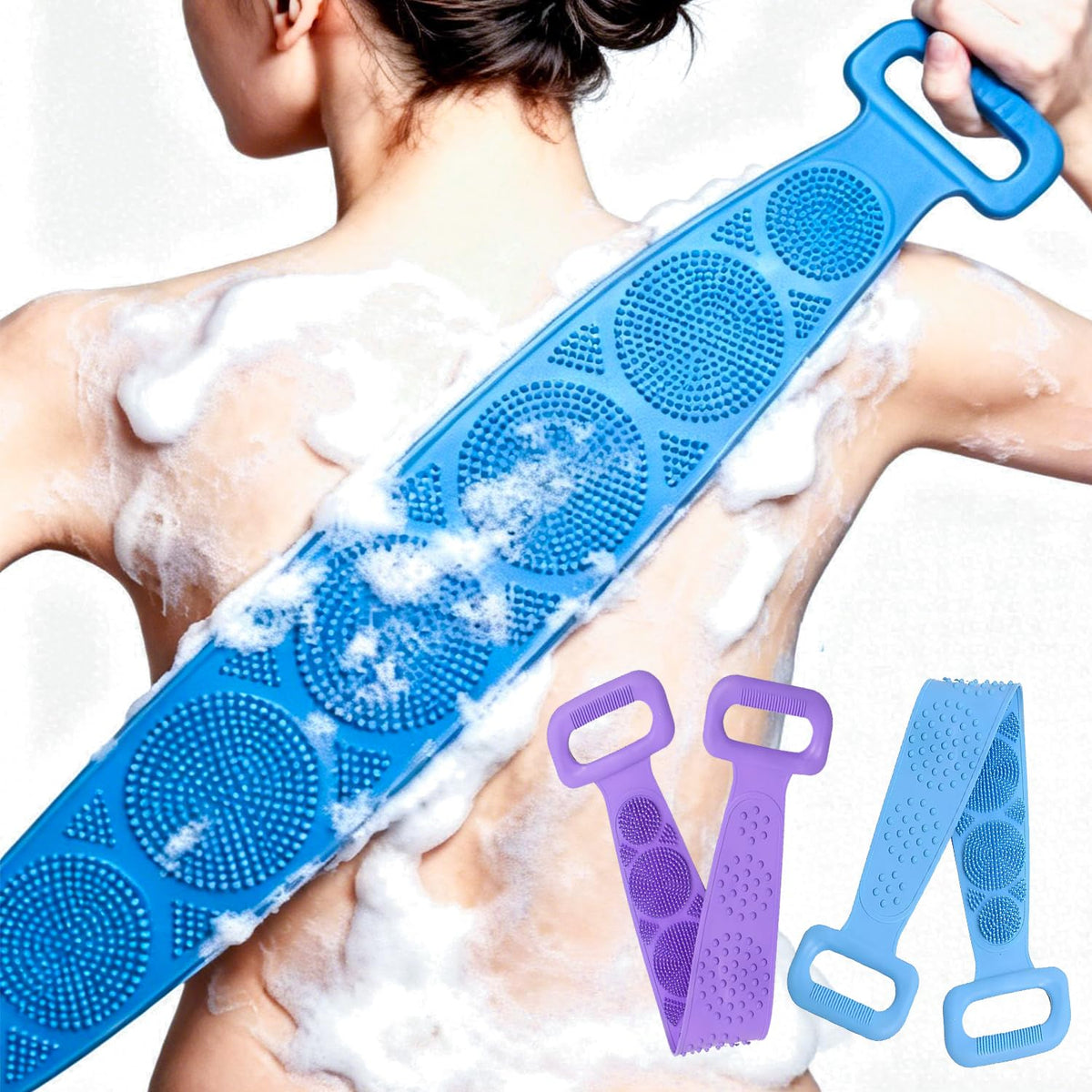 Silicone Back Exfoliator Scrub Strap for Shower, 27.56 Inch Dual-Sided for Exfoliate & Massage, Hygienic Durable & Easy to Clean, Unisex Body Scrubber, Blue & Purple 2 Pack