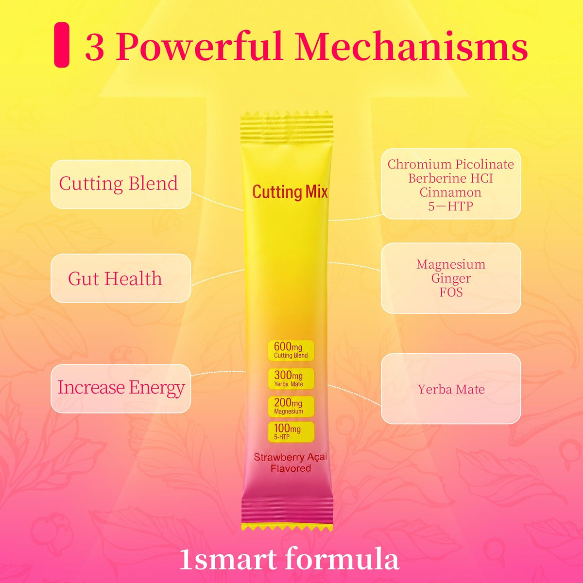 Cutting Drink Mix, Satiety & Craving Support Powder with Berberine, Chromium, FOS, Yerba Mate & 5-HTP, Sugar-Free Vegan Drink Mix, Strawberry Acai Flavor, 30 Individual Sticks