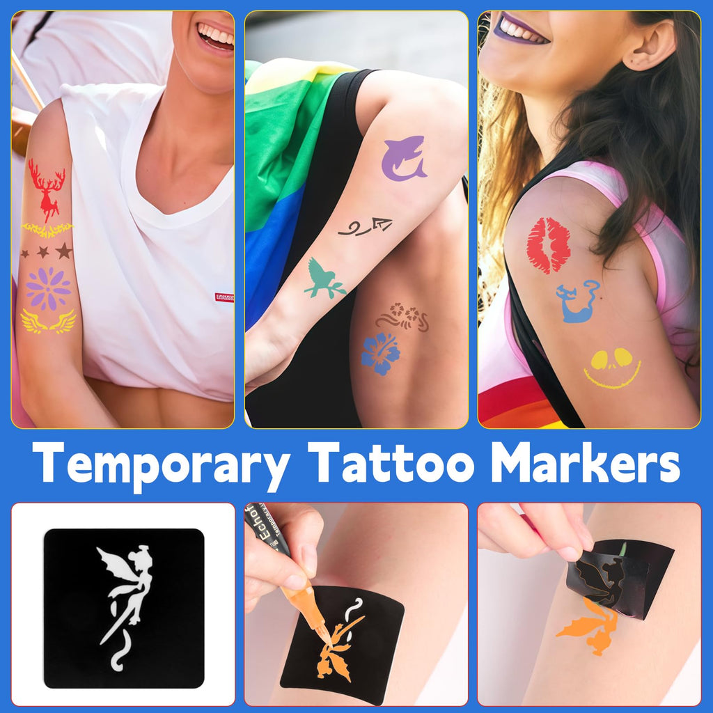 Suu66 Temporary Tattoo Markers Kit, Dual-End 16 Colors with 80 Stencils for Body Art | Skin-Safe, Washable, Cosmetic-Grade | for Kids & Adults