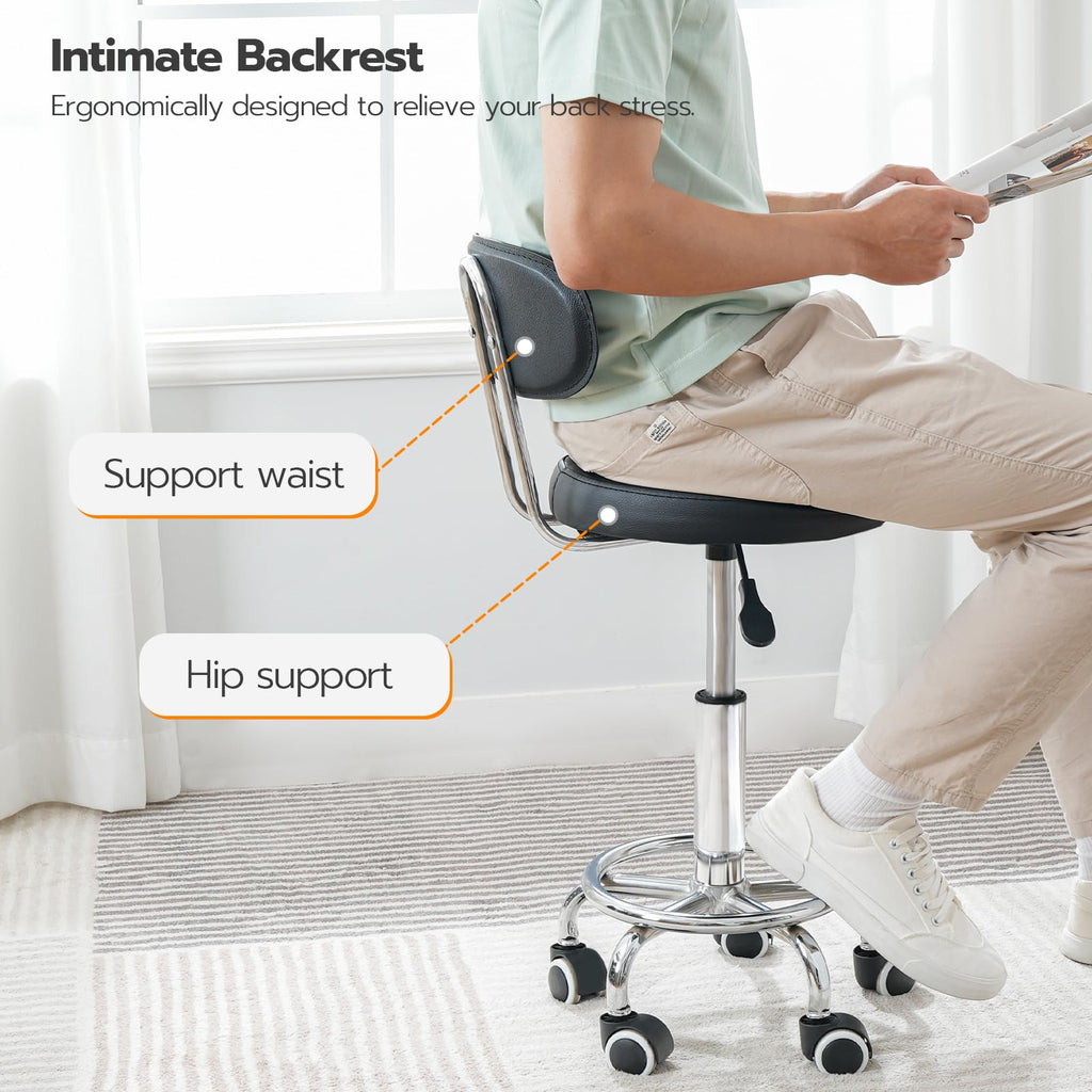 HOOBRO Height Adjustable Rolling Stool, 360° Rotating Drafting Chair, Multi-Purpose Office Desk Chair, Rolling Swivel Salon Stool Chair, for Barber Shop, Nail Salon, Office, Black SB01BY01G1