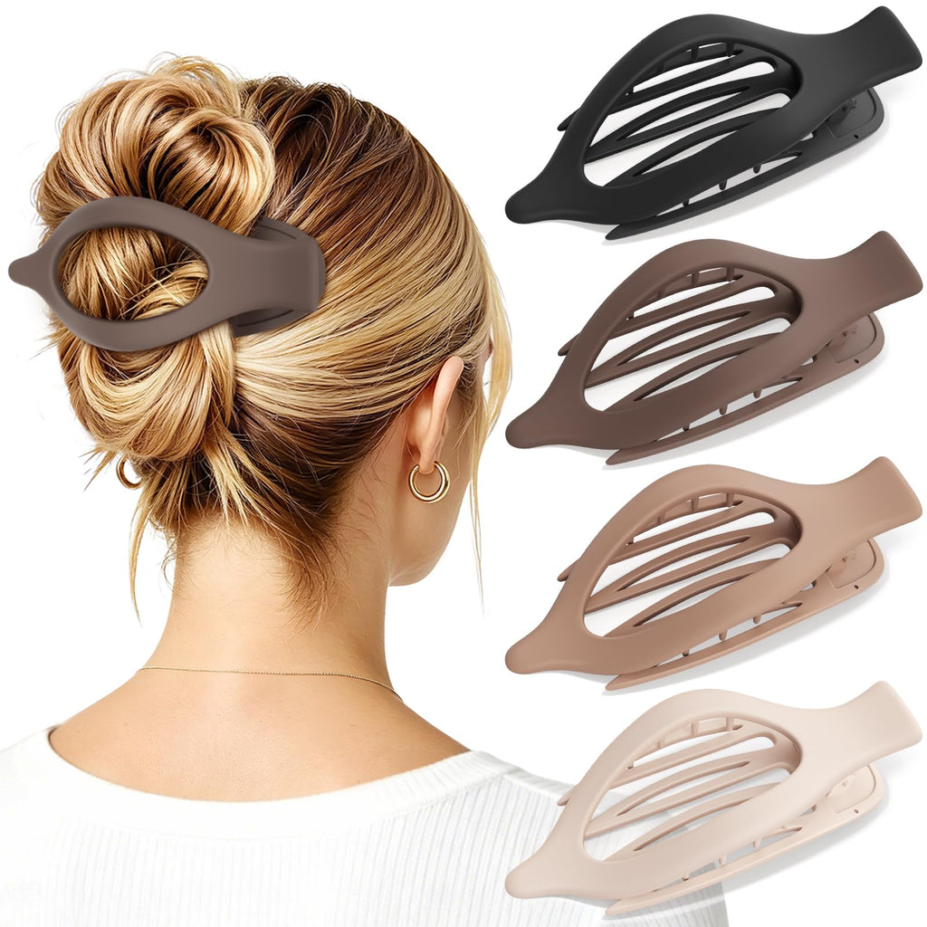 4 PCS Large Flat Hair Clips for Women Girls, French Concord Lay Down Claw Clips for Thick Thin Hair, Comfortable Curved Flat Clip, Leopard Print Stylish Strong Hold Hair Accessories, Tortoise