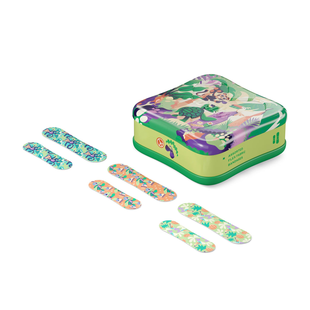 Welly Bandages | Adhesive Flexible Fabric Bravery Badges | Assorted Shapes for Minor Cuts, Scrapes, and Wounds | Colorful and Fun First Aid Tin | Turtle Oasis Patterns - 48 Count