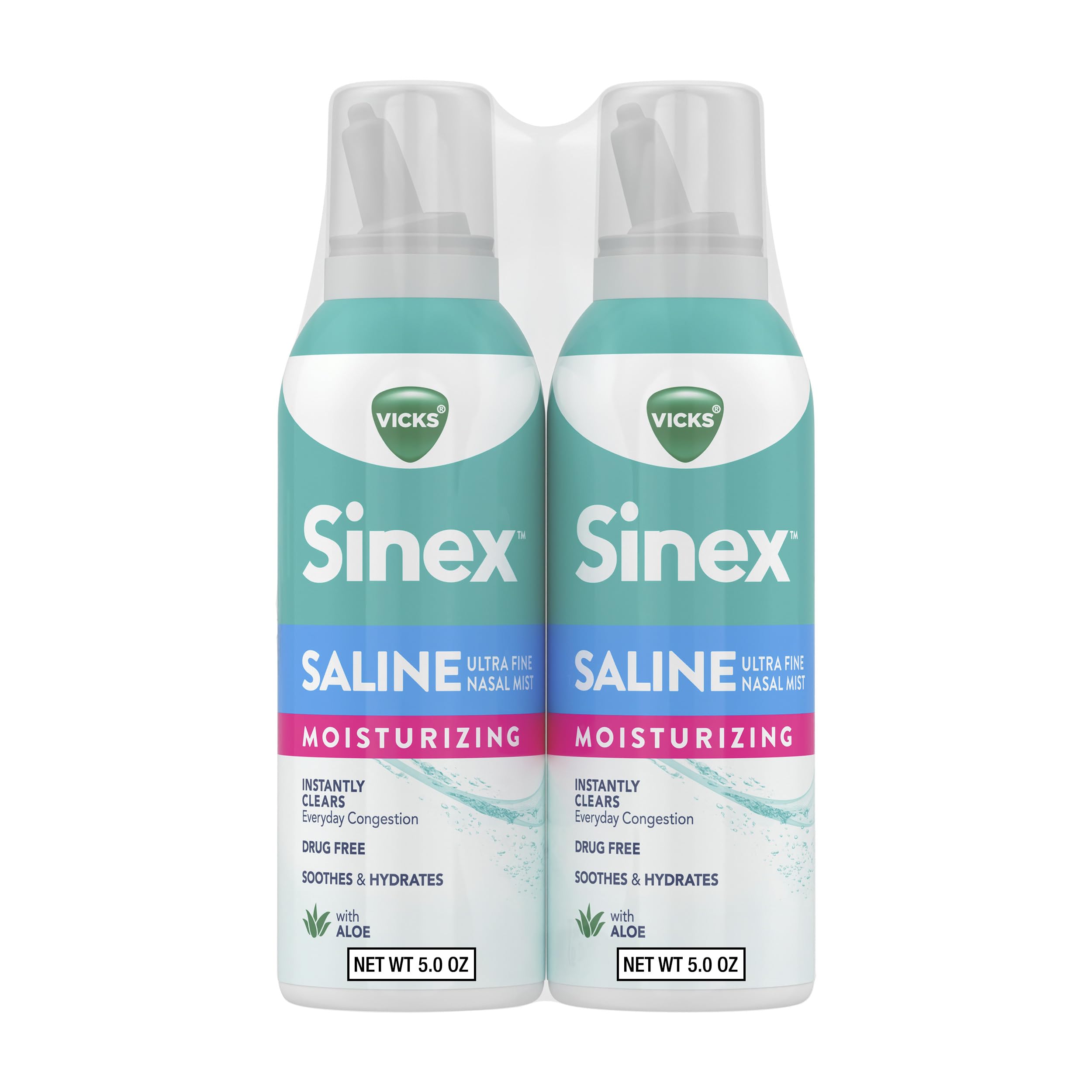Buy now Vicks Sinex Saline Moisturizing Nasal Spray, with Aloe, Drug Free Ultra Fine Mist, Clear Everyday Sinus Congestion Fast, Clear Mucus from a Cold or Allergy, 5 OZ x 2 at indiglob india