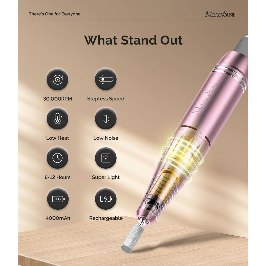 MelodySusie Clip-On SC300F Cordless Nail Drill 30,000 RPM for Beginners | 8-12h Battery Life, 6 Bits and 56 Sanding Bands for Shaping, Gel Removal and Students in Training