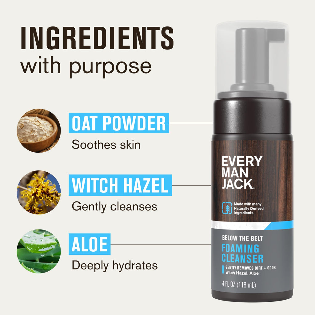 Every Man Jack Mens Foaming Groin Wash - Gentle Cleanser for Below The Belt - Made w/ Naturally Derived Ingredients like Witch Hazel & Aloe Vera - 4 Fl Oz (1 Pack)