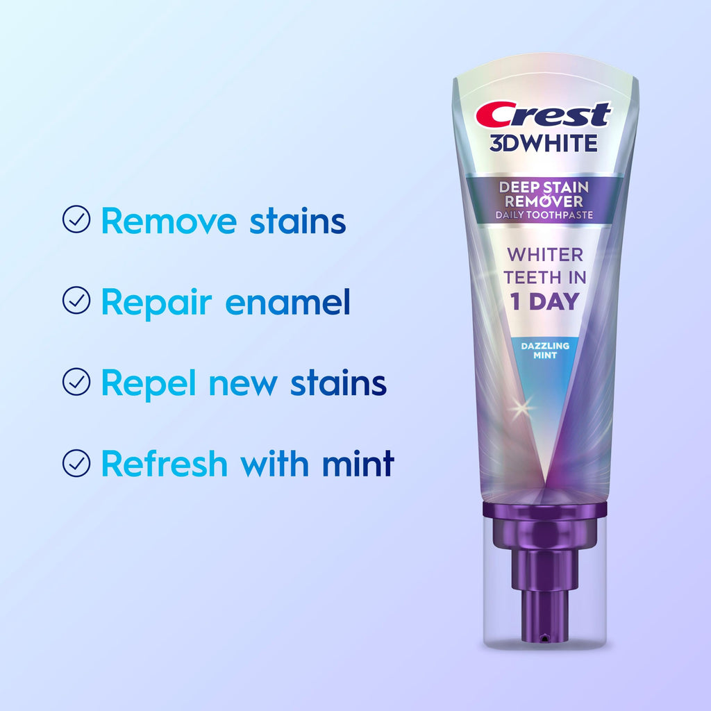 Crest 3DWhite Deep Stain Remover Dazzling Mint Toothpaste, 3.1 oz (Pack of 1), Whiter Teeth in 1 Day, Enamel Safe Fluoride Toothpaste for Fast Stain Removal and Prevention