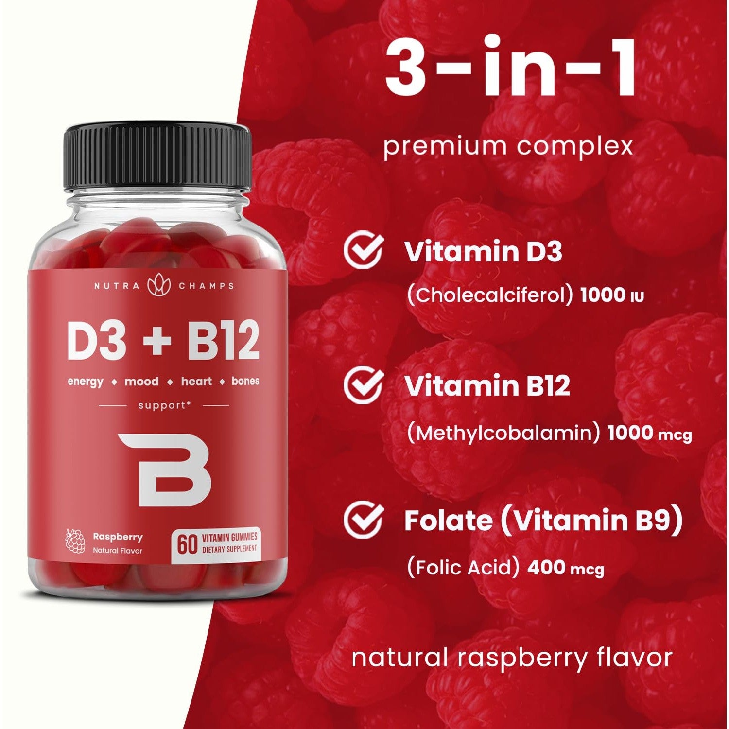 NutraChamps Vitamin D3 & B12, Methyl B12 Gummies for Adults & Kids, Enhanced with Vitamin D 3 & B9 Vitamin Folate, Natural Energy, Mood, Metabolism & Focus, Raspberry, 60 Gummies