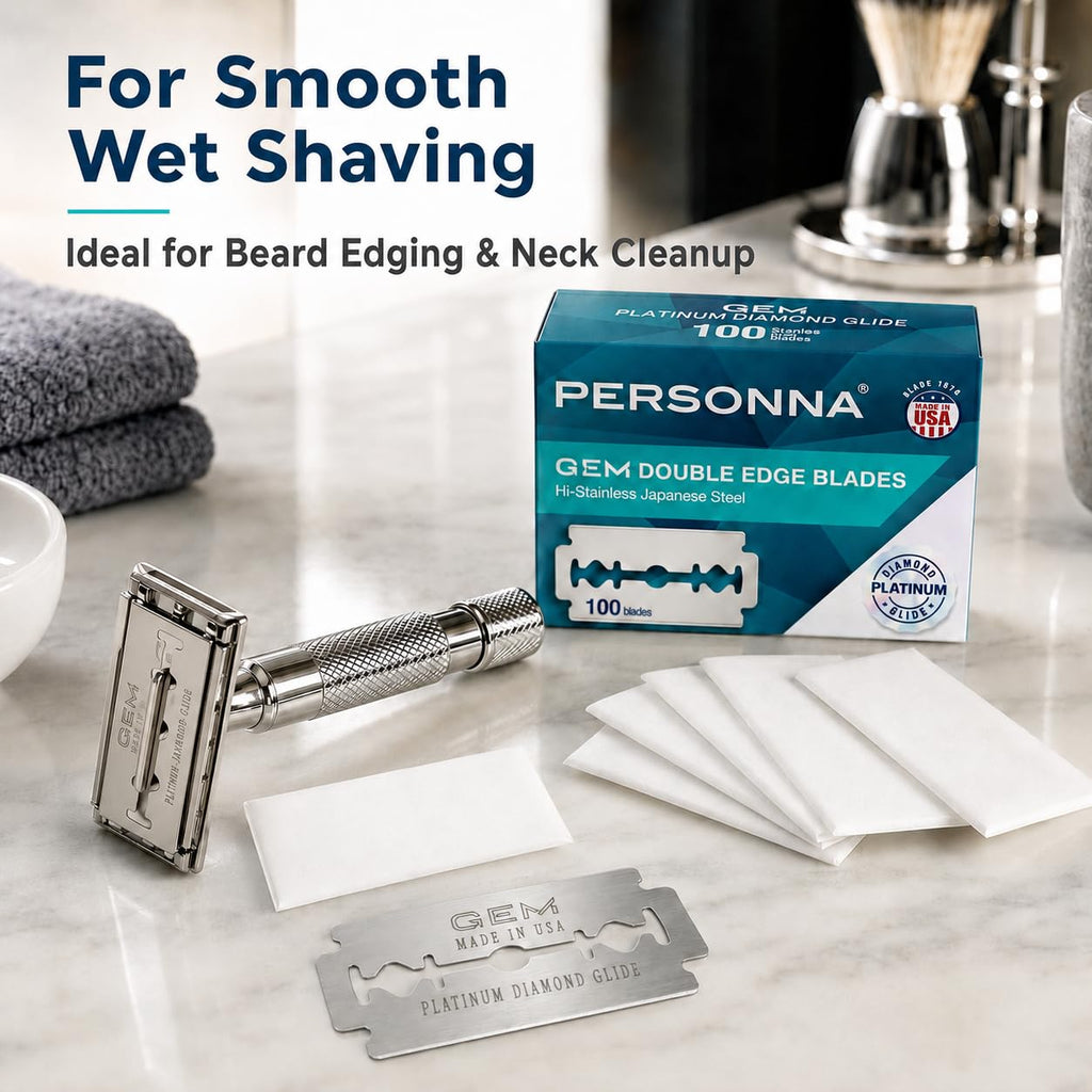 Personna GEM Platinum Diamond Glide Double Edge Razor Blades, 100 Count, Surgical-Grade Stainless Steel Safety Razor Blades for Smooth Wet Shaving
