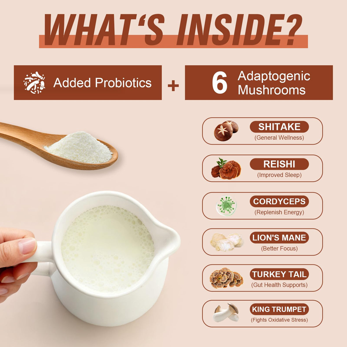 Mushroom Coffee Creamer,Superfood Creamer Powder with 6 Adaptogenic Mushrooms & Probiotics for Energy, Focus, Digestion - 30 Servings