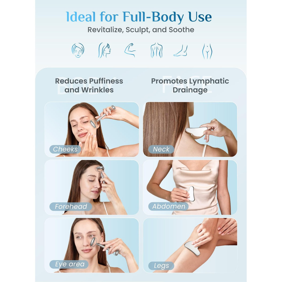 Rena Chris Gua Sha and Face Roller Set: Anti-Breakage Stainless Steel Roller for Long-Lasting Use, Jawline Sculpting and Puffiness Reducing, Gua Sha Facial Tools for Self Care Gift (Silver)