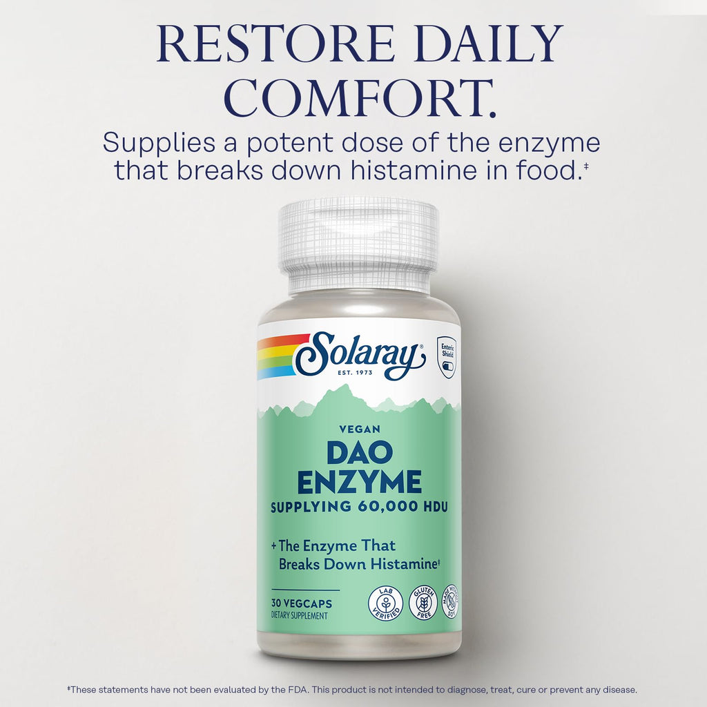 SOLARAY DAO Enzyme 60000 HDU, 30 VegCaps | Histamine Digestion Support, Plant Based DAO Enzyme, Enteric Coated, 30 Servings, Vegan, Lab Verified