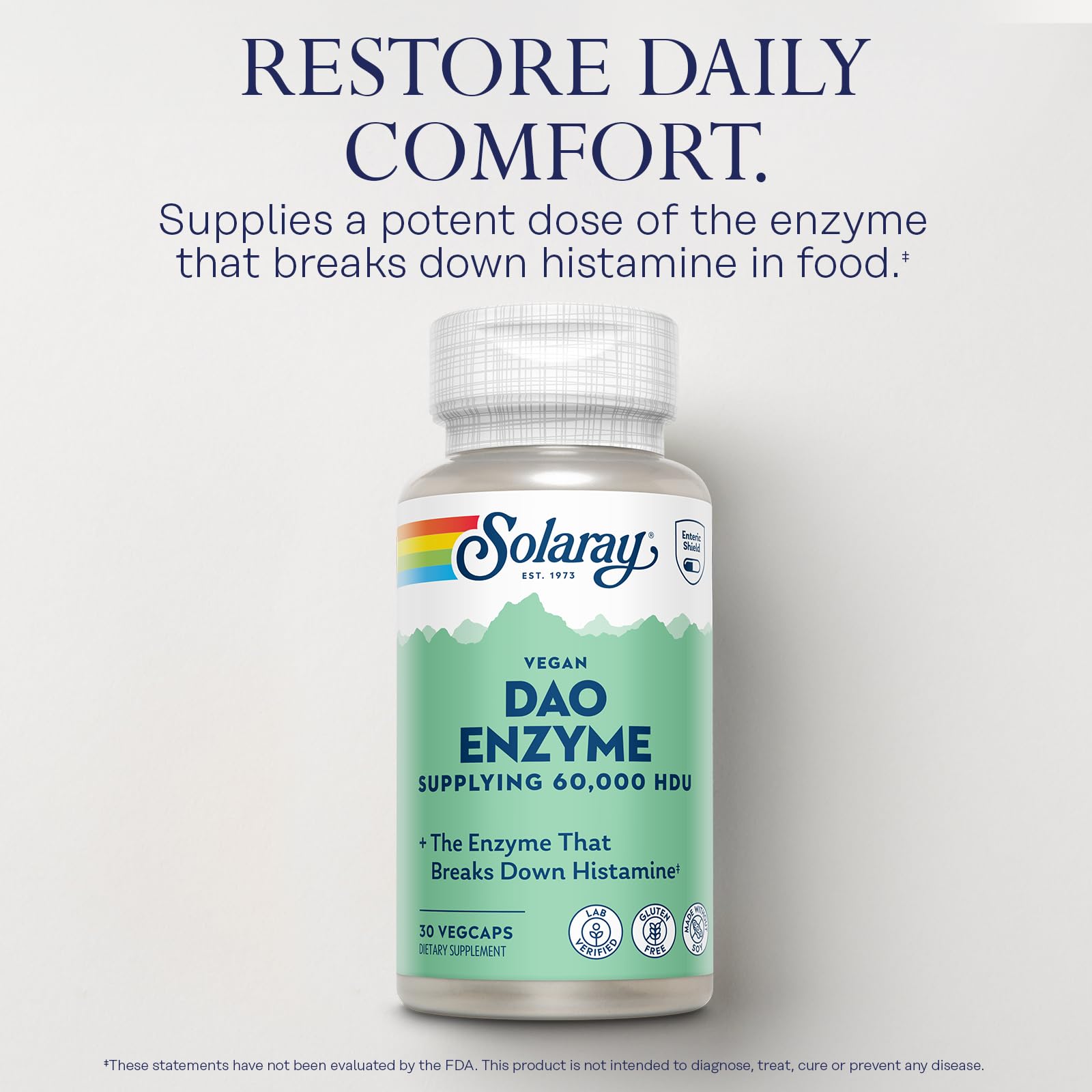 SOLARAY DAO Enzyme 60000 HDU, 30 VegCaps | Histamine Digestion Support, Plant Based DAO Enzyme, Enteric Coated, 30 Servings, Vegan, Lab Verified