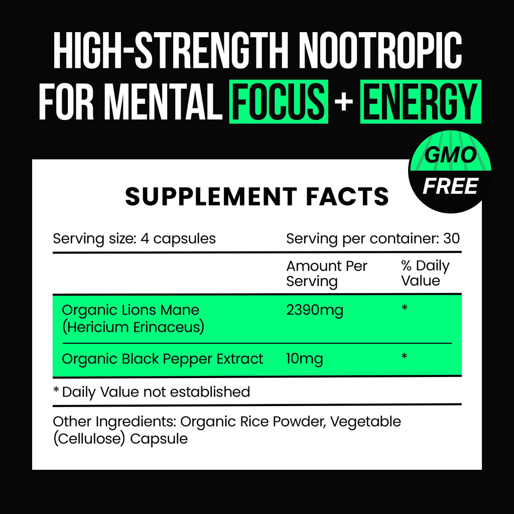 VitaRaw Organic Lions Mane Supplement Capsules 2400 mg - Powerful Nootropic - Helps Maintain Memory, Energy, and Mental Clarity - Vegan Brain Booster Focus Pills - Real Lion's Mane Supplement