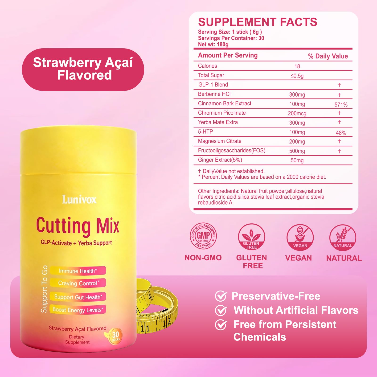 Cutting Drink Mix - GLP-1 Drink Mix | Dual-Action Prebiotic Formula for Gut Wellness Support & Healthy Energy Boost | Non-GMO, Gluten-Free & Vegan | Strawberry Açaí Flavor (30 Sticks)