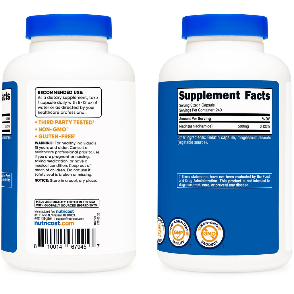 Nutricost Niacinamide (Vitamin B3) 500mg, 240 Capsules, Flush Free | Gluten-Free, GMO-Free