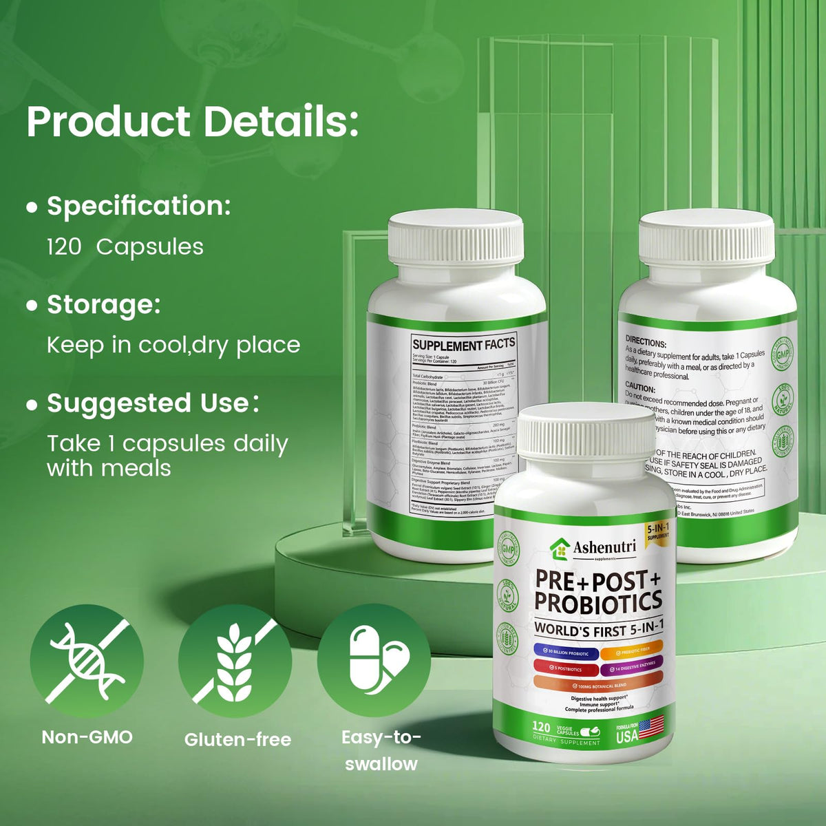 Ashenutri Probiotic Prebiotic Postbiotic for Women & Men, 30 Billion CFU 24 Strains w/Digestive Enzymes, Prebiotic Fiber & Slippery Elm – Complete Daily Immune & Gut Support, 120-Day Supply