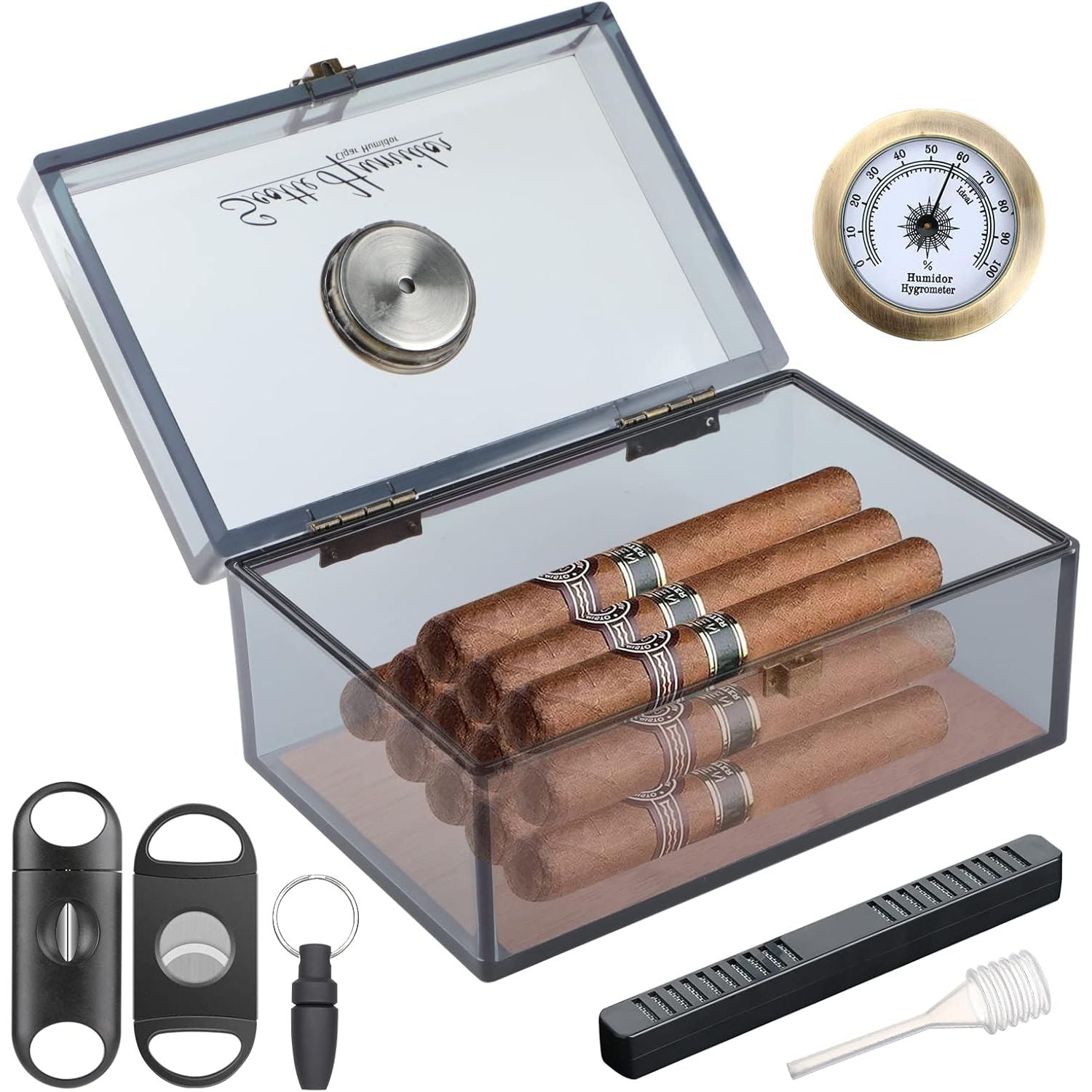 Buy now Scotte Acrylic Cigar Humidor Jar/case/Box with Humidifier and Hygrometer,humidor Can Hold About 20 Cigars Including Cigar Cutters and Cigar Punch (Clear-1) Grey at indiglob india