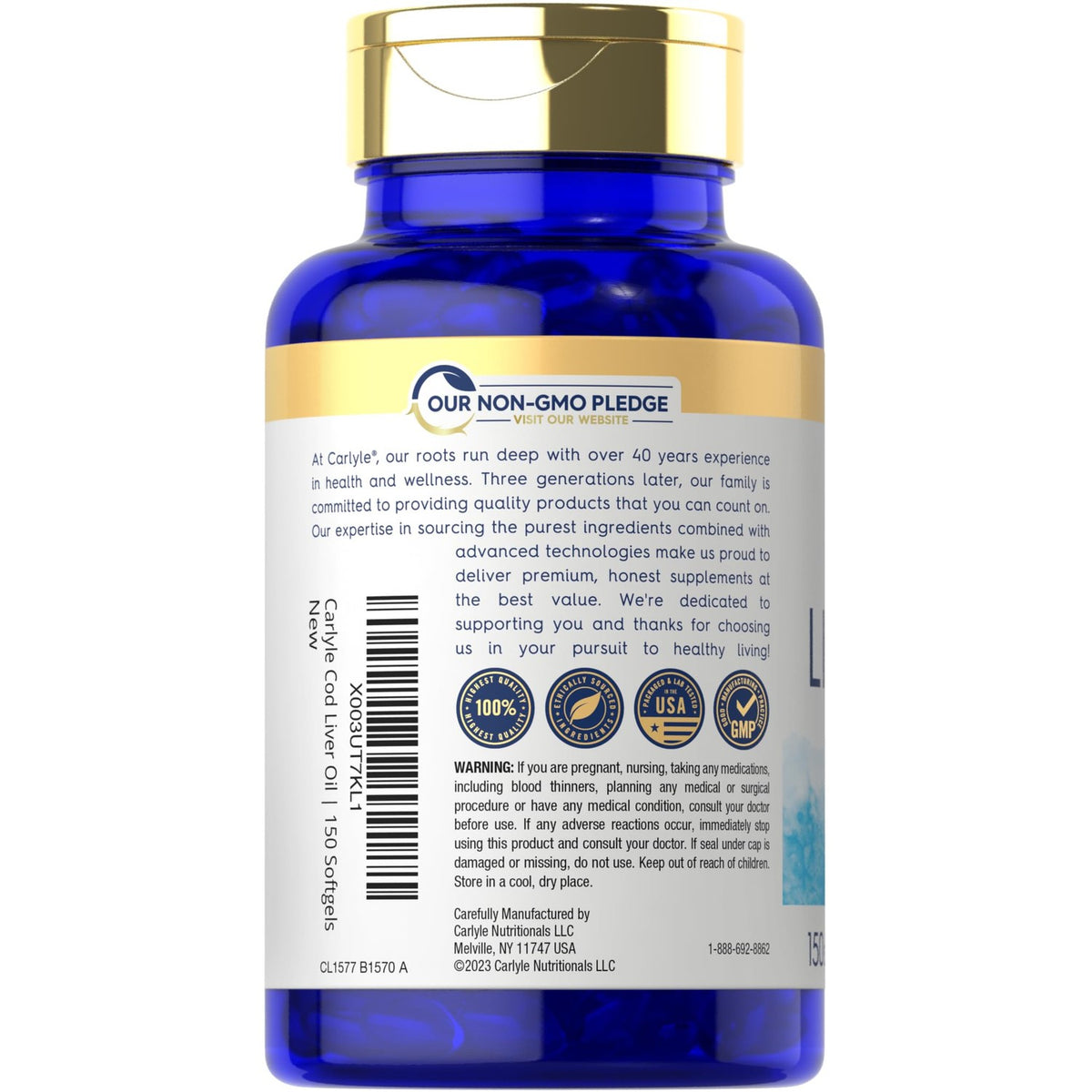 Carlyle Norwegian Cod Liver Oil | with EPA & DHA | 1245mg | 150 Softgels